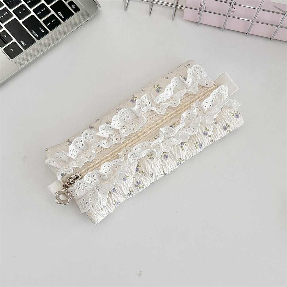 Lace Trim Cotton Quilted Pencil Pouch