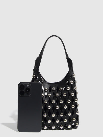 Hollow Out Rivet Chain Shoulder Bucket Bag