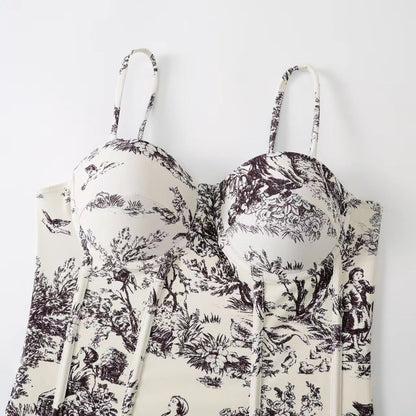 Vintage Print Slim Fit Swimwear with Cover Dress