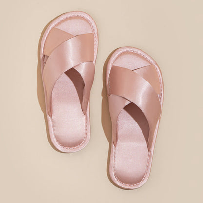Solid Color Crossed Satin Slide Slippers