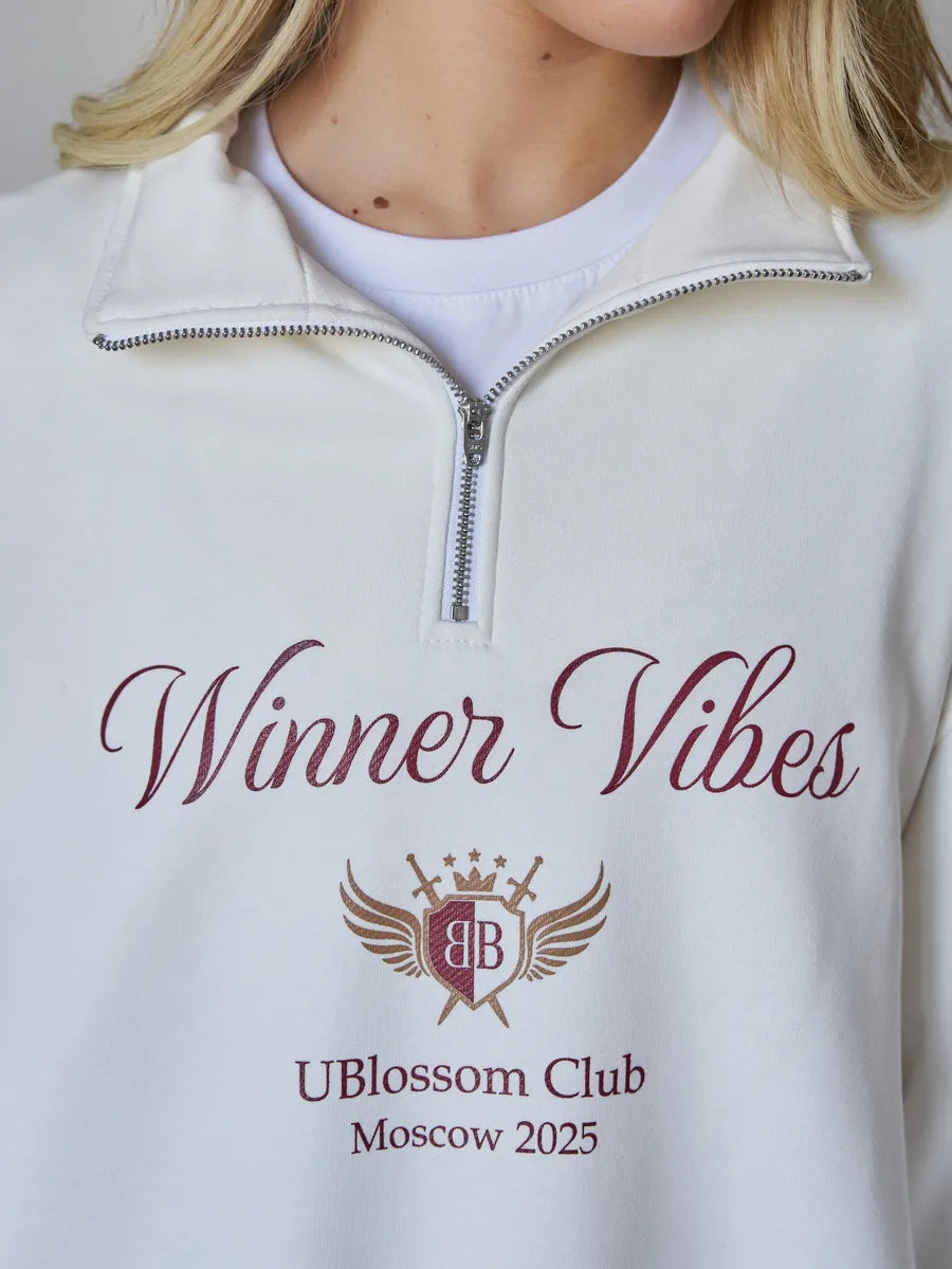 Letter Print Lapel Collar Half Zip Sweatshirt