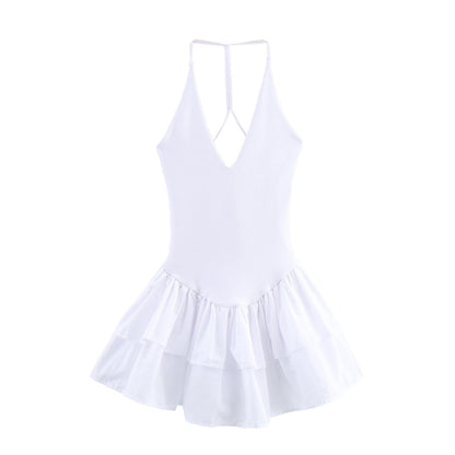 Trendy Solid Color Ruffle Hem Halter Dress