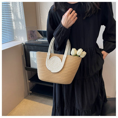 Color Block Large Capacity Woven Tote Handbag