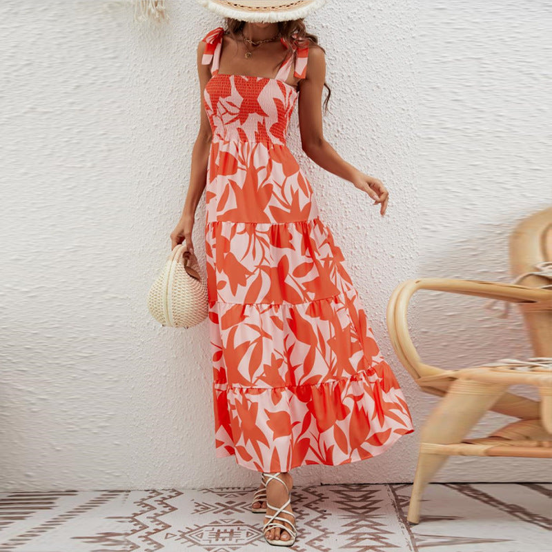 Ruffle Print Sleeveless String Strap Dress