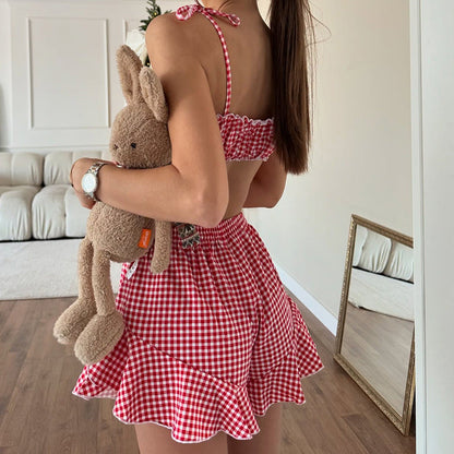 Plaid Ruffle Spaghetti Shorts Loungewear Set
