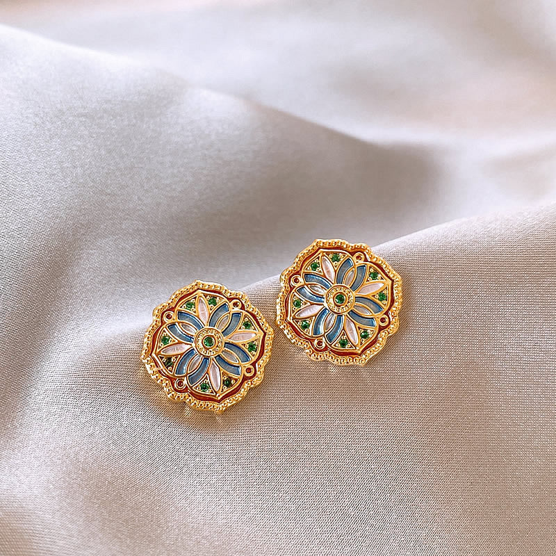 Vintage Gold Enamel Floral Hook Earrings