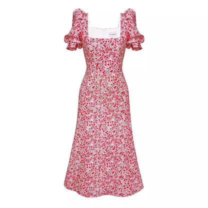Elegant Floral Print Square Neck Midi Dress