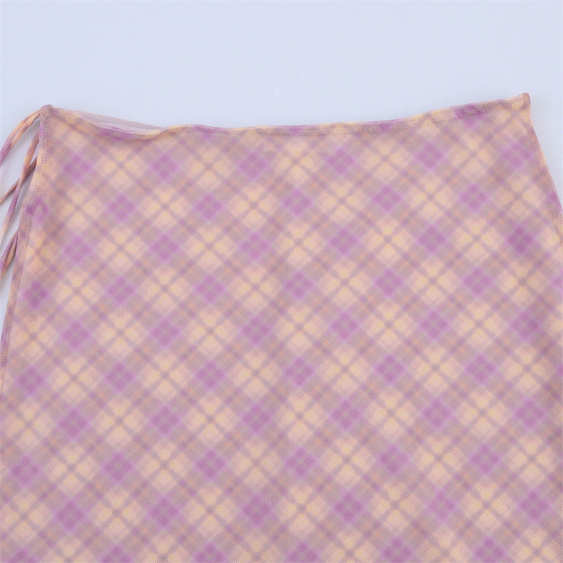 Elegant Printed Plaid Top and Skirt Sets