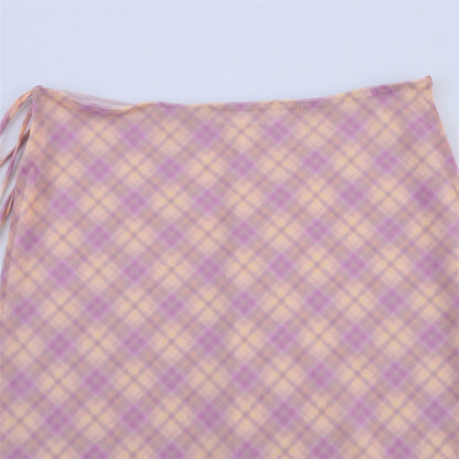 Elegant Printed Plaid Top and Skirt Sets