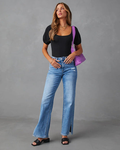 Straight Leg Denim Jeans High Waist Split Jeans