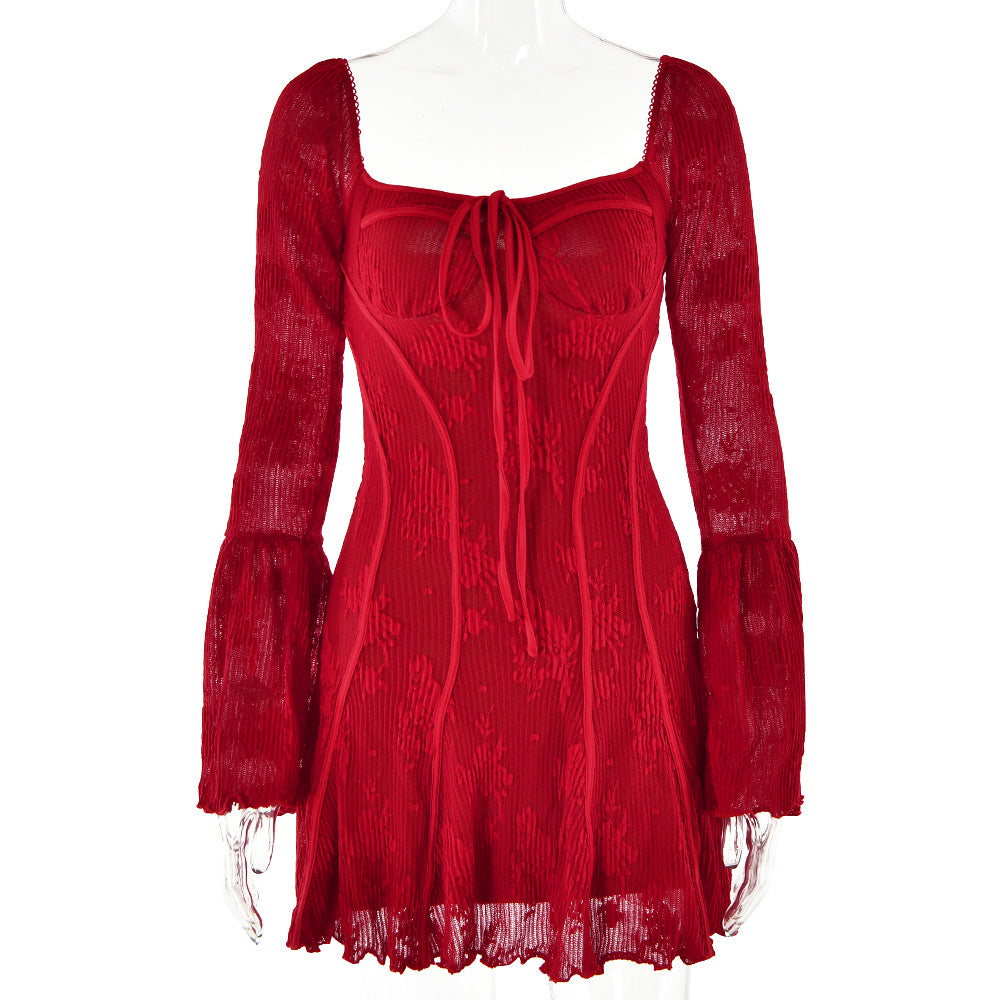 Lace Backless Wrap Floral Sleeves Mini Dress