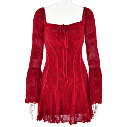 Lace Backless Wrap Floral Sleeves Mini Dress