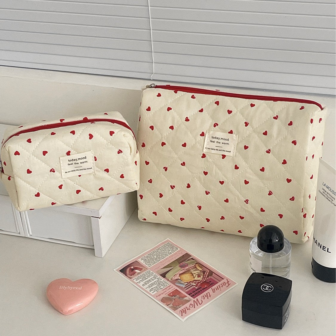 Red Heart Print Large Capacity Makeup Bag