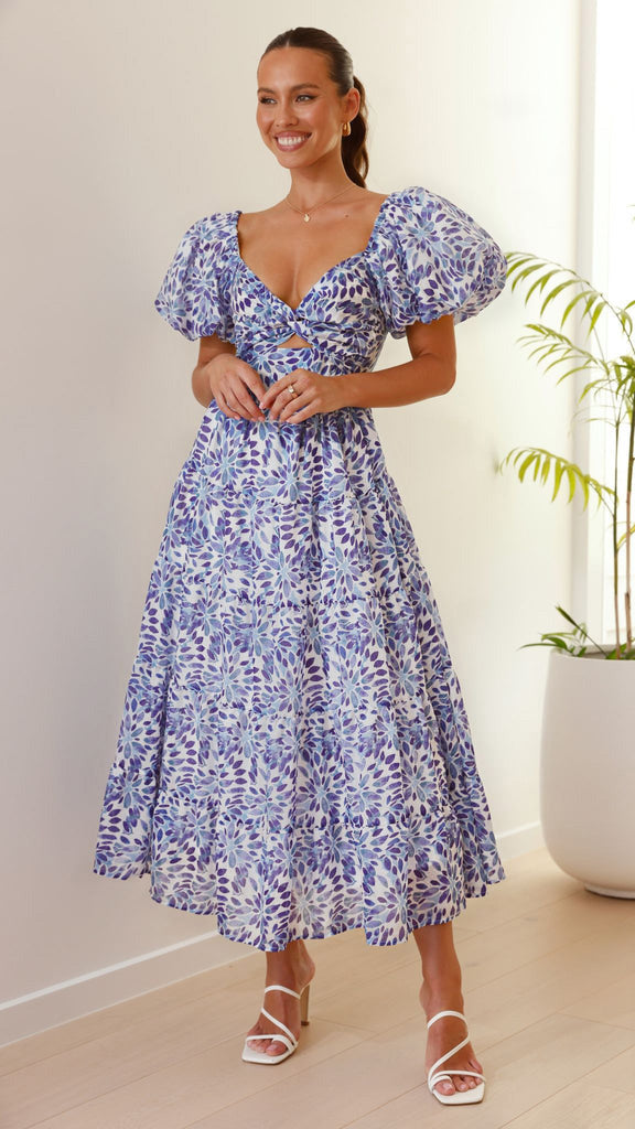 Puffy Sleeves Floral Print Belted Dress
