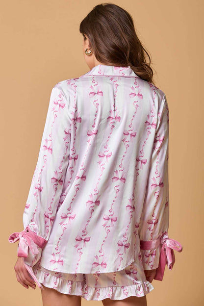 2 Pcs Cute Flower Print Satin Ruffled Pajamas Set