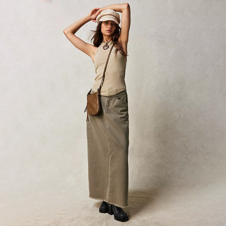 Washed Raw Hem Casual Denim Maxi Skirts