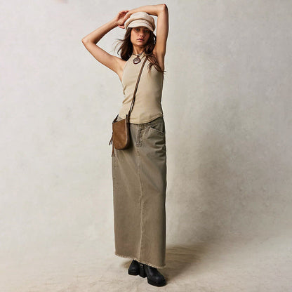 Washed Raw Hem Casual Denim Maxi Skirts