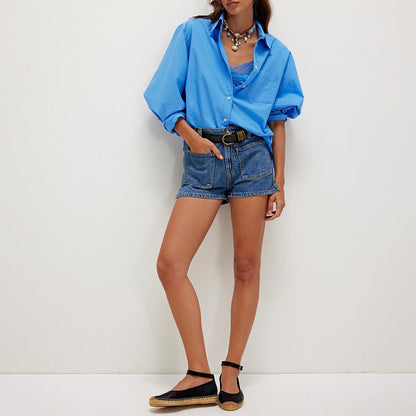 Denim Pocket Casual Mid-Waist Washed Shorts