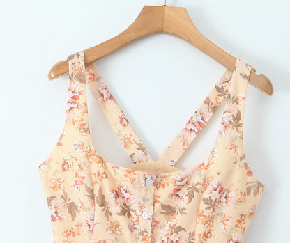 Elegant Square Neck Flower Print Maxi Dresses