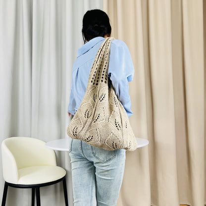 Solid Color Hollow Out Knit Shoulder Tote Bag