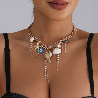 Trendy Starfish Shell Pearl Tassel Choker Necklace