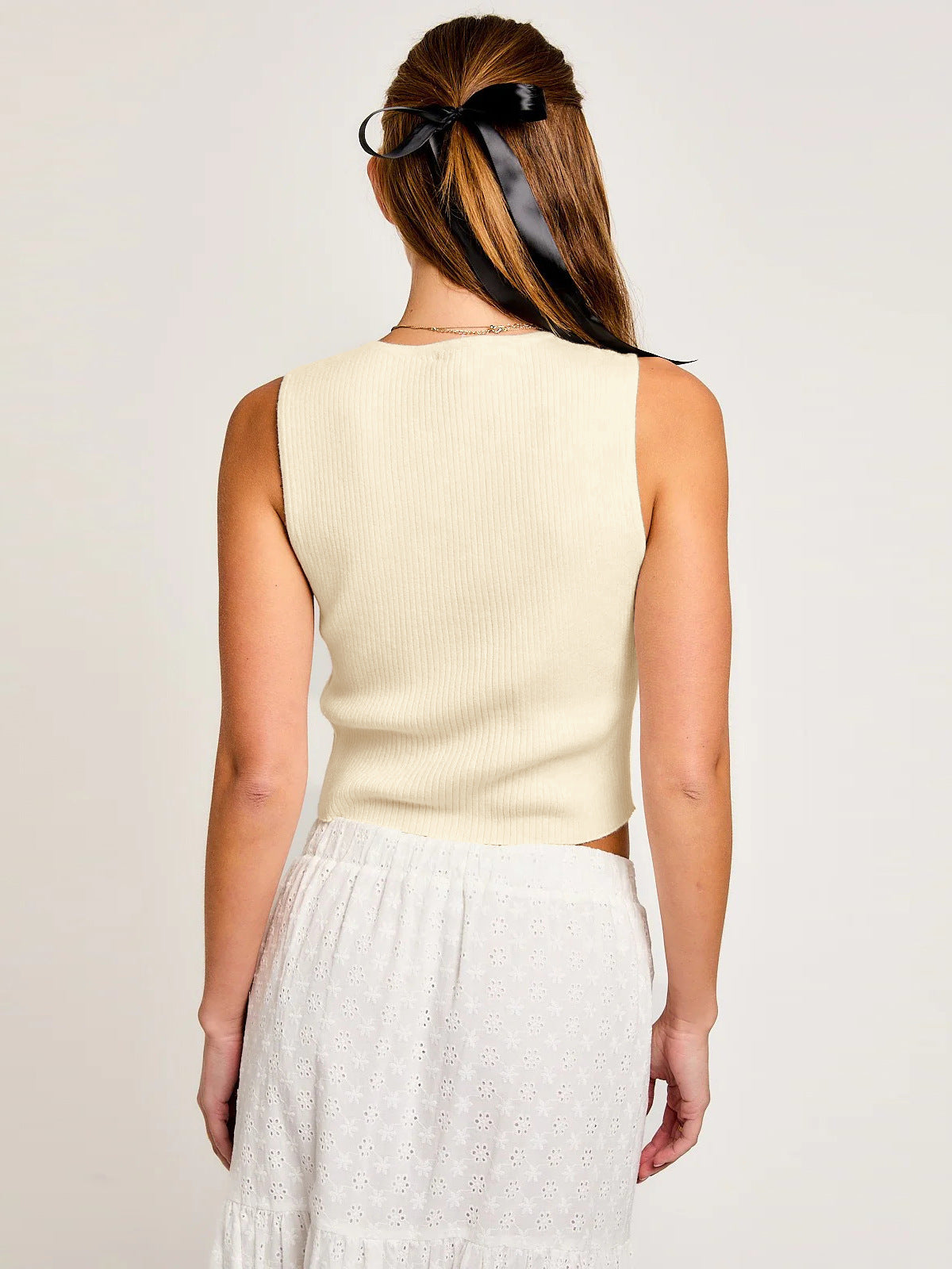 Crew Neck Hollow Out Bow Vest Top