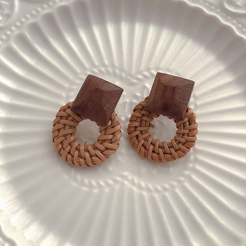 Vintage Handmade Rattan Round Drop Earrings