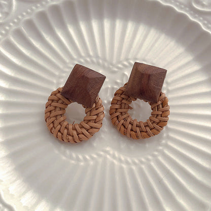 Vintage Handmade Rattan Round Drop Earrings