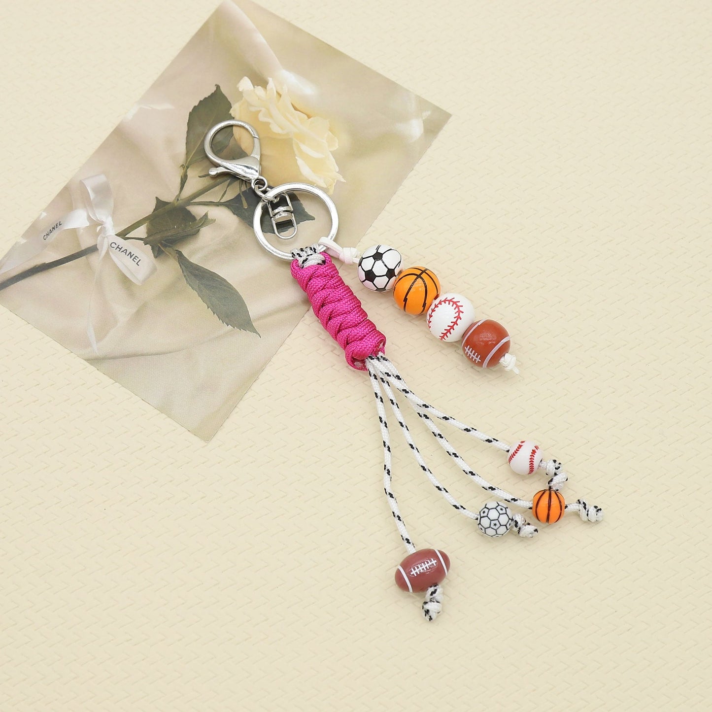 Colorful Sports Ball Beaded Tassel Rope Keychain
