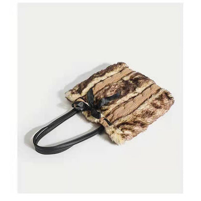 Leopard Knit Patchwork Plush Shoulder Tote Bag