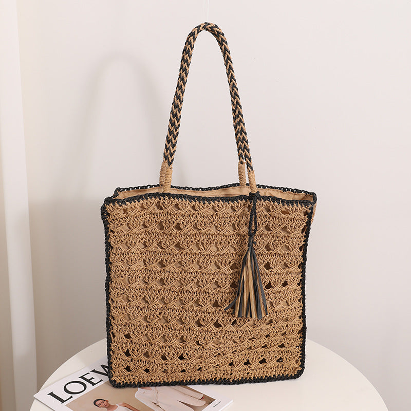 Tassel Color Block Hollow Out Woven Tote Bag