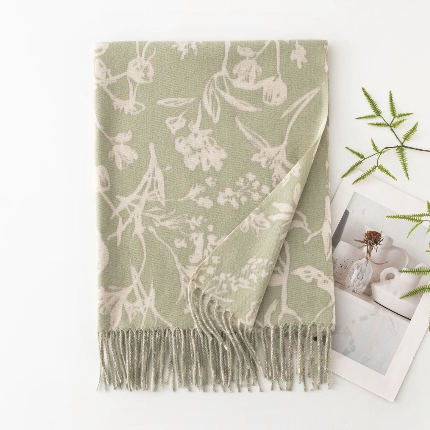 Floral Print Soft Fringed Thick Scarf