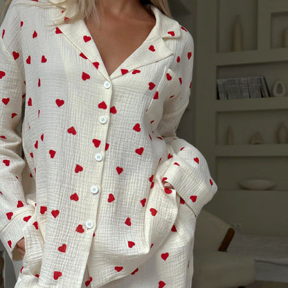 Heart Print Lounge Button Up Pajamas Set