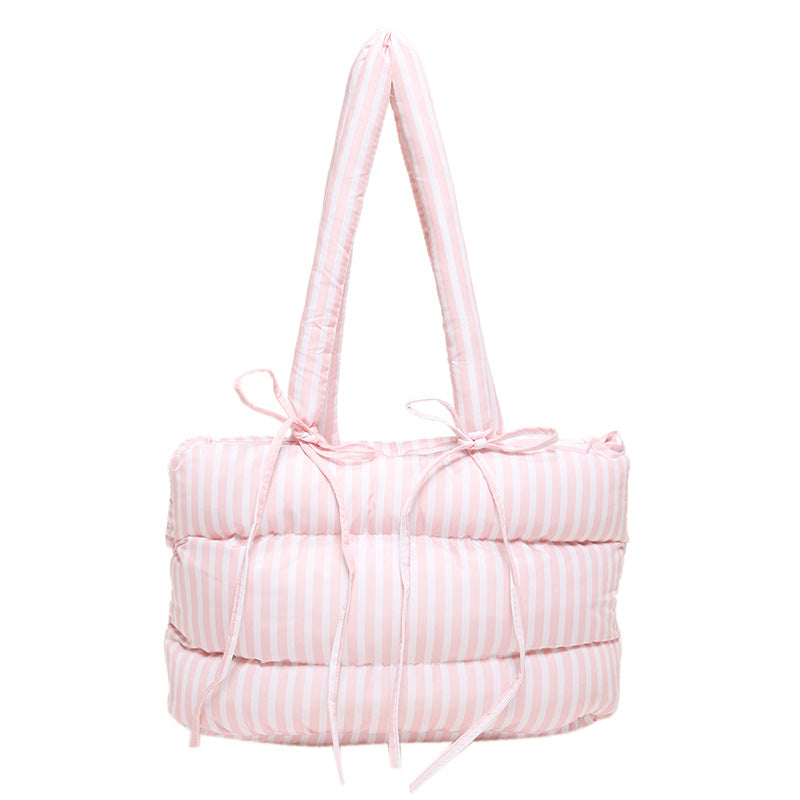 Striped Puffer Bow Knot Shoulder Handbag