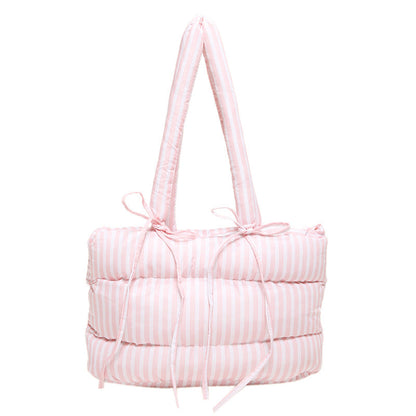 Striped Puffer Bow Knot Shoulder Handbag