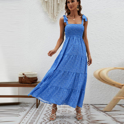 Ruffle Print Sleeveless String Strap Dress