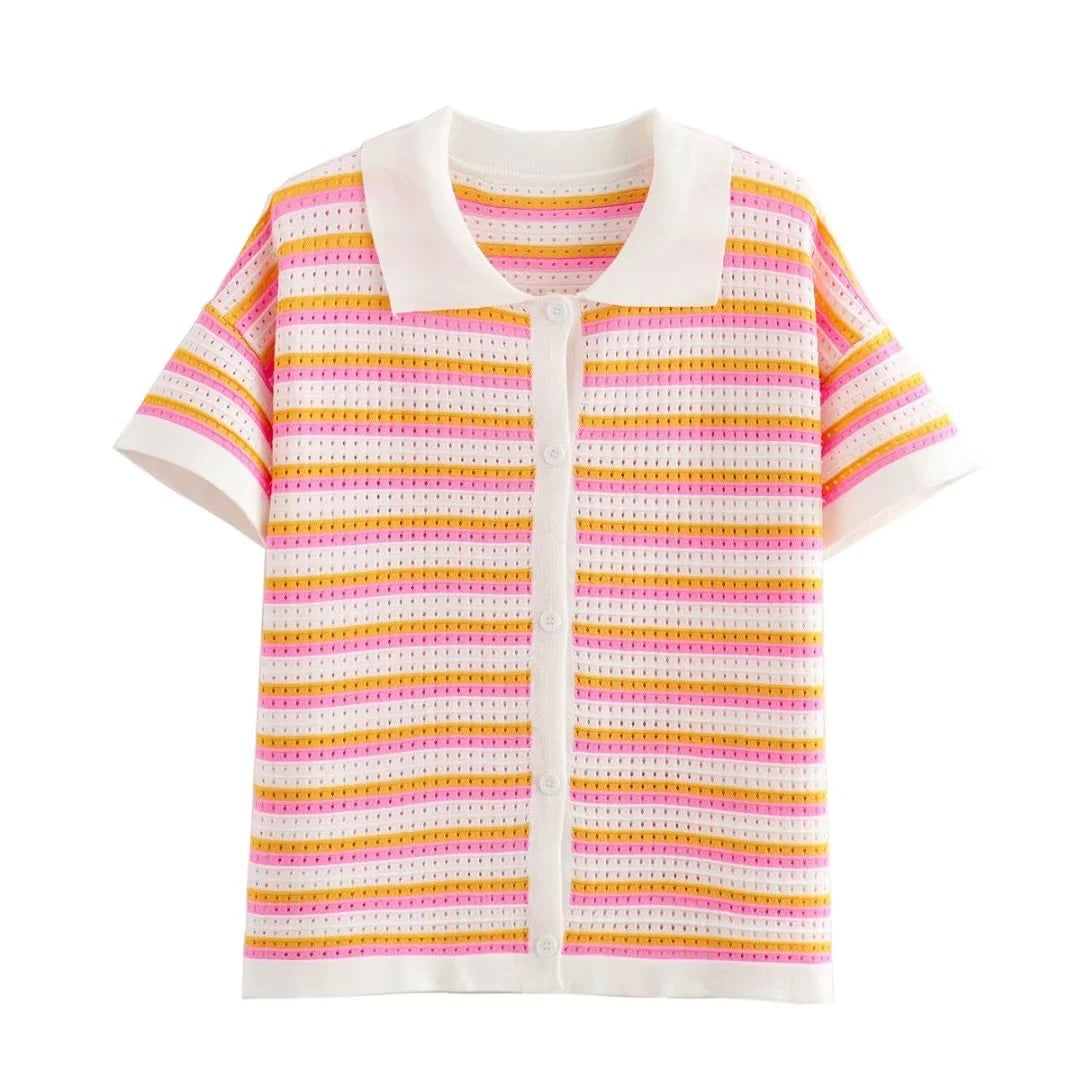 Striped Color Block Lapel Knit Sets