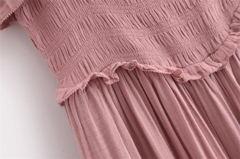 Casual Pleated Spaghetti Strap Ruffle Maxi Dress