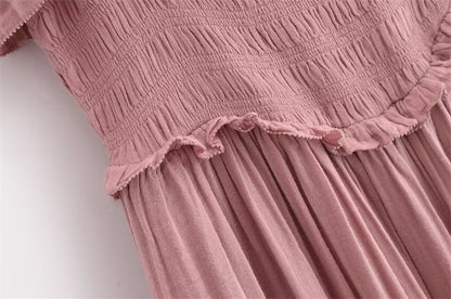 Casual Pleated Spaghetti Strap Ruffle Maxi Dress