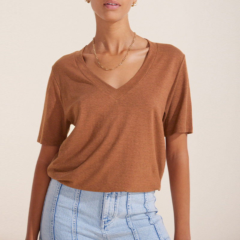 Solid Color Deep V-Neck Loose T-Shirt