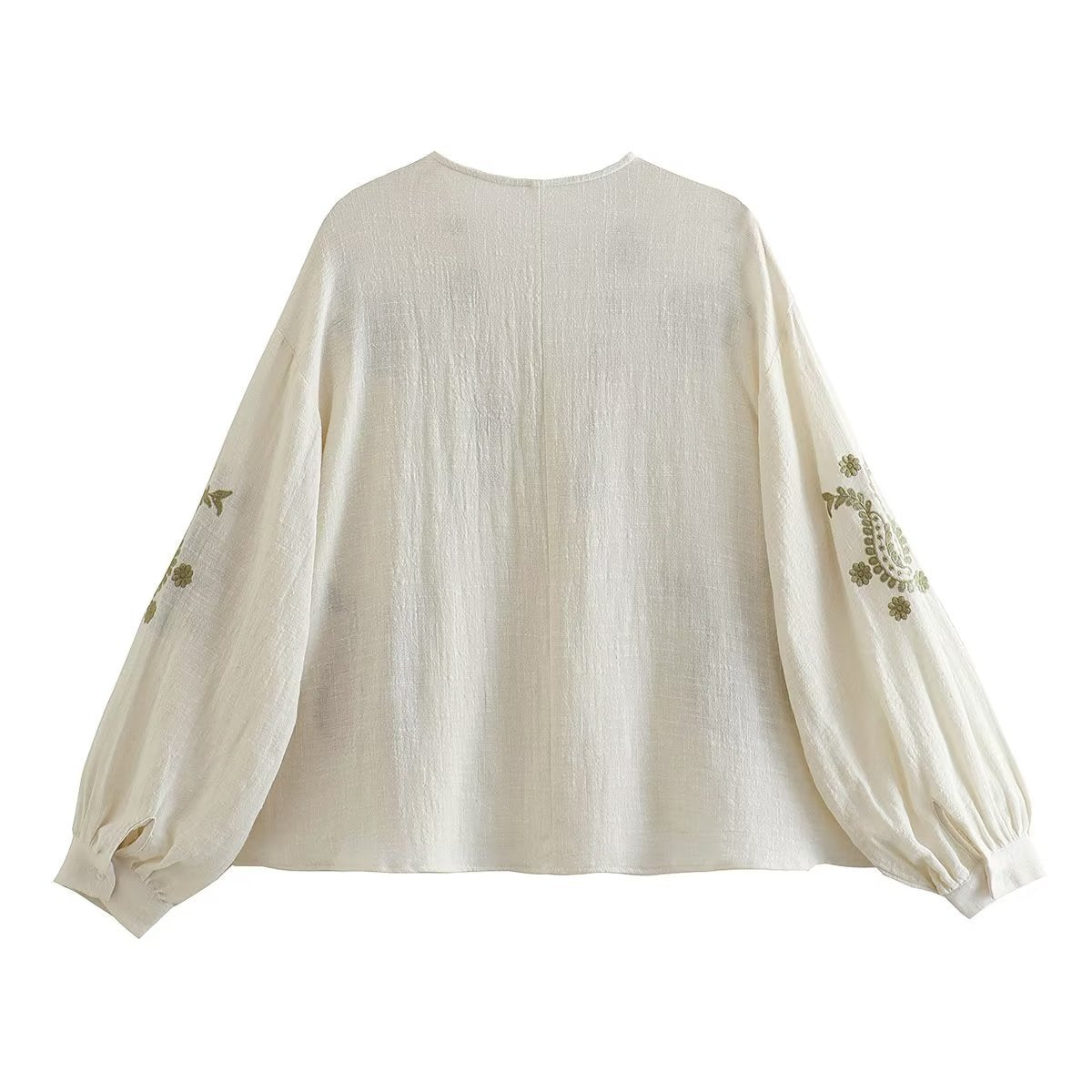 Loose Embroidered V-Neck Long Sleeve Blouse