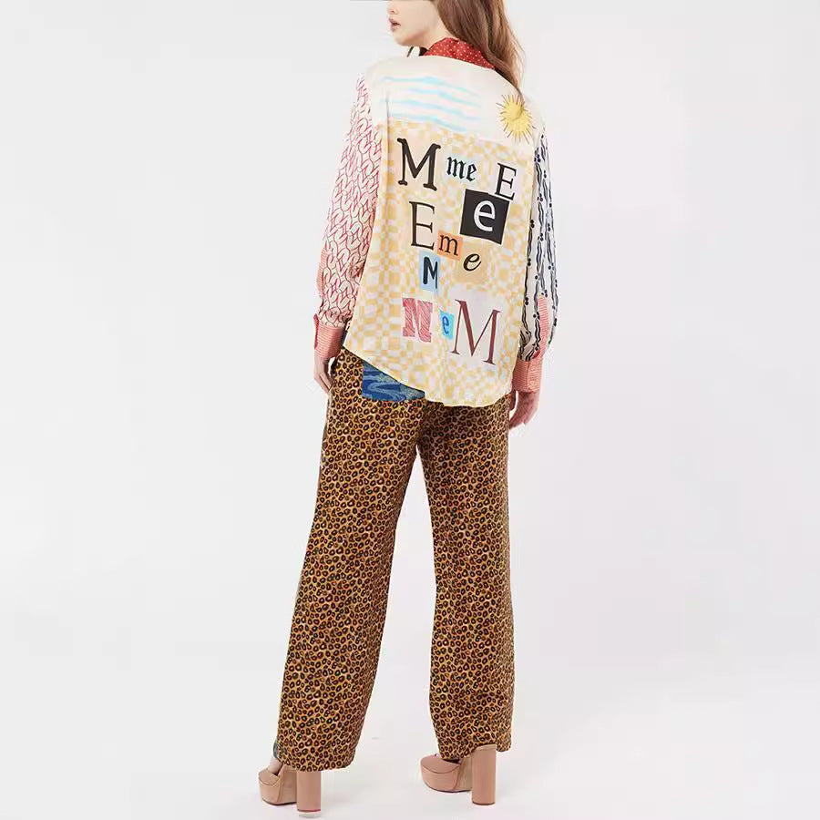 Leopard Print Lantern Sleeves Casual Set