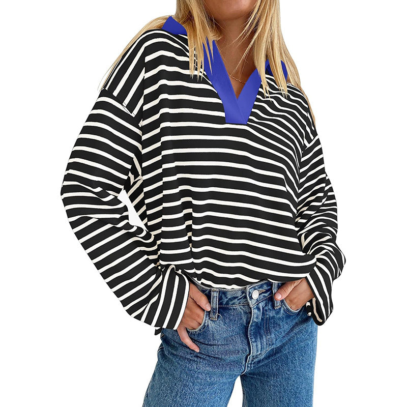 Lapel Striped Color Block Pullover Sweatshirt