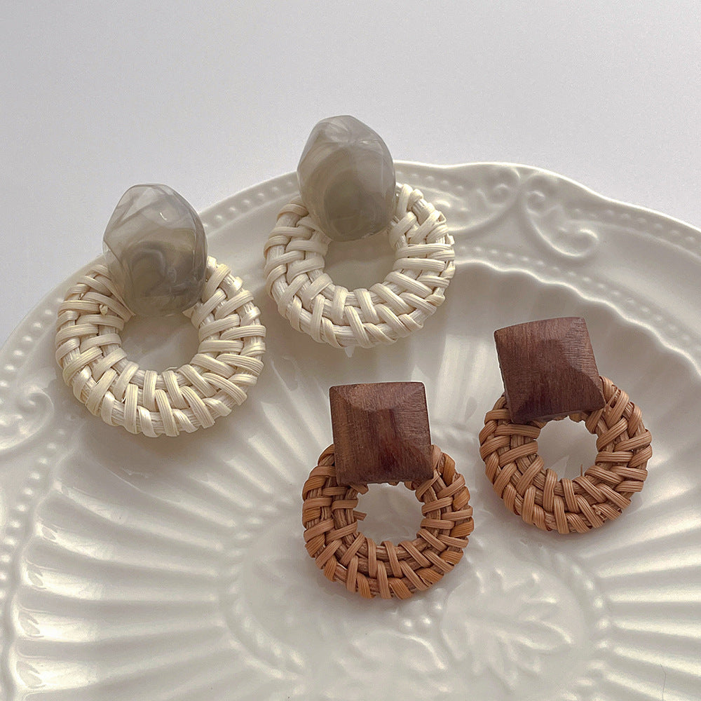 Vintage Handmade Rattan Round Drop Earrings