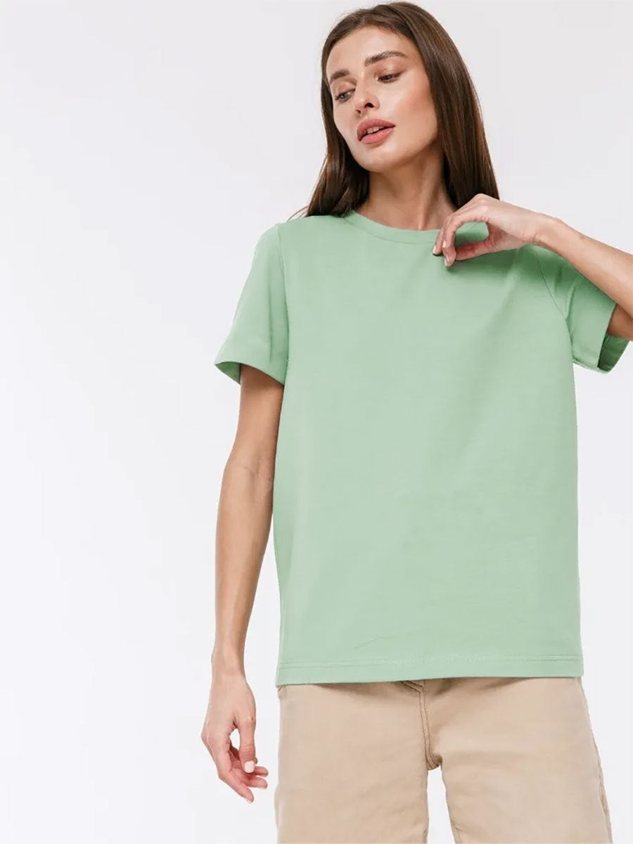 Solid Color Round Neck Loose Short Sleeves Top