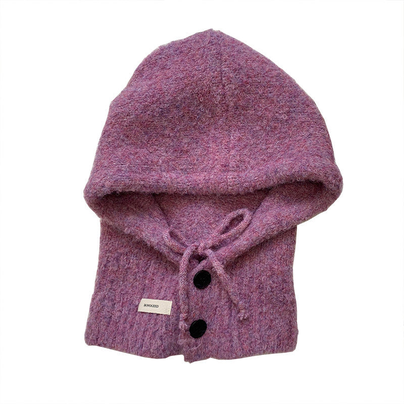 Solid Color Button One-Piece Hat & Scarf