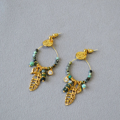 Turquoise Hoop Tassel Leaf Drop Stud Earrings