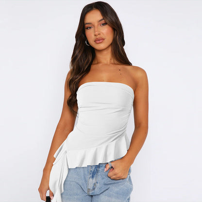 Solid Sexy Flounce Strapless Slim Top