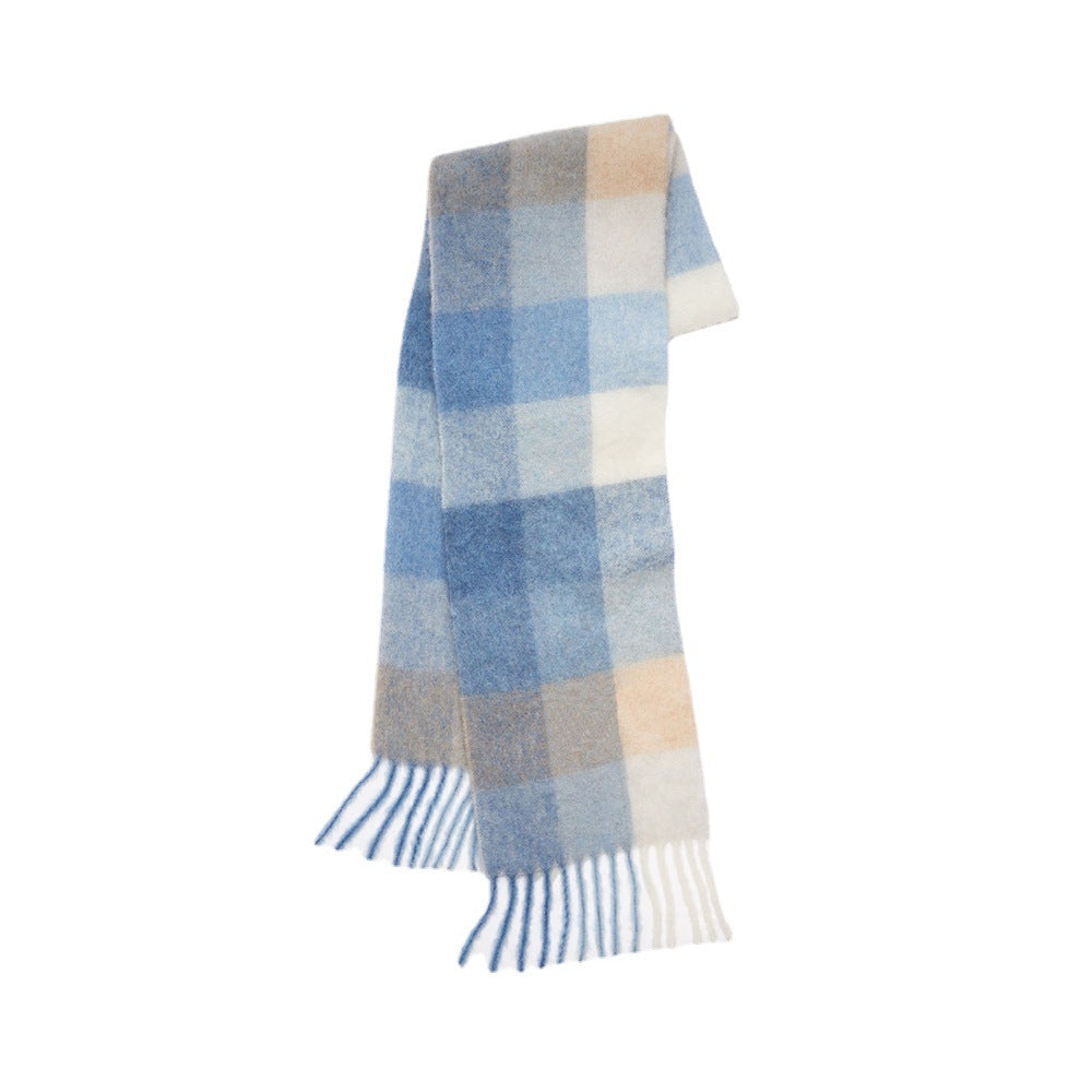 Cozy Color Block Plaid Fringed Knit Scarf