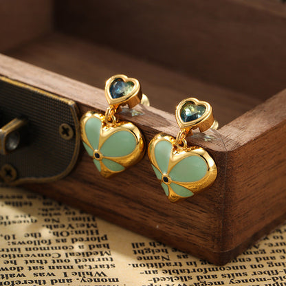 Vintage Flower Enamel Heart Drop Earrings